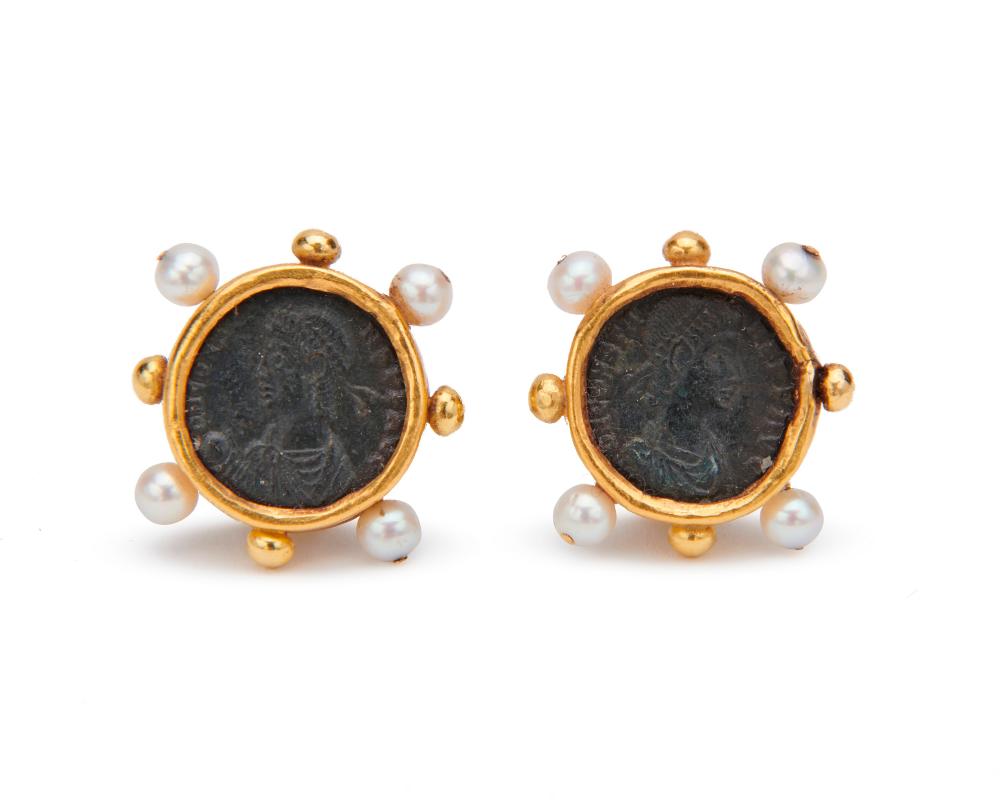 18K GOLD, COIN, AND PEARL EARRINGS18K