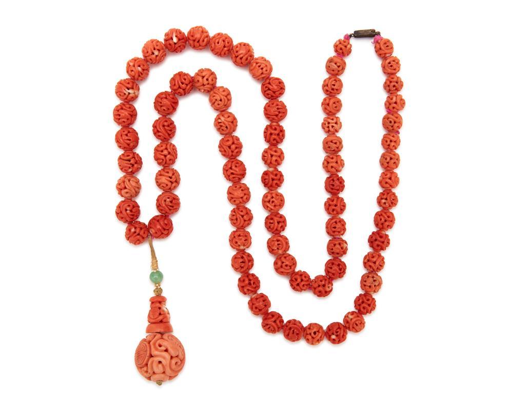 CARVED CORAL BEAD NECKLACECarved