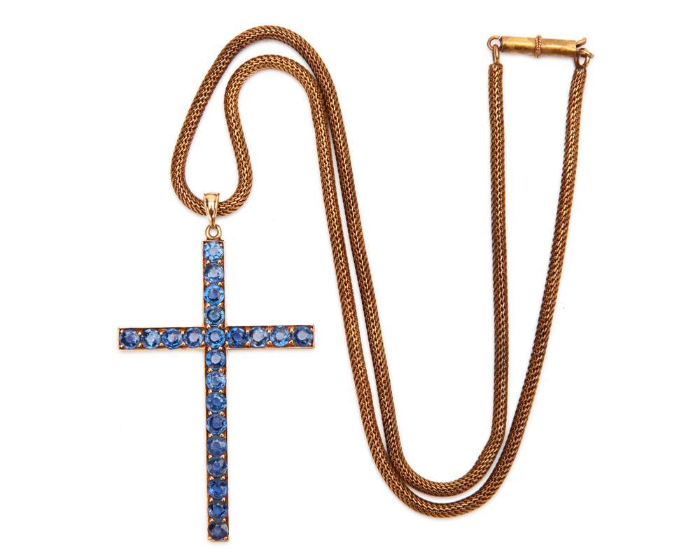 14K GOLD AND SAPPHIRE CROSS PENDANT14K