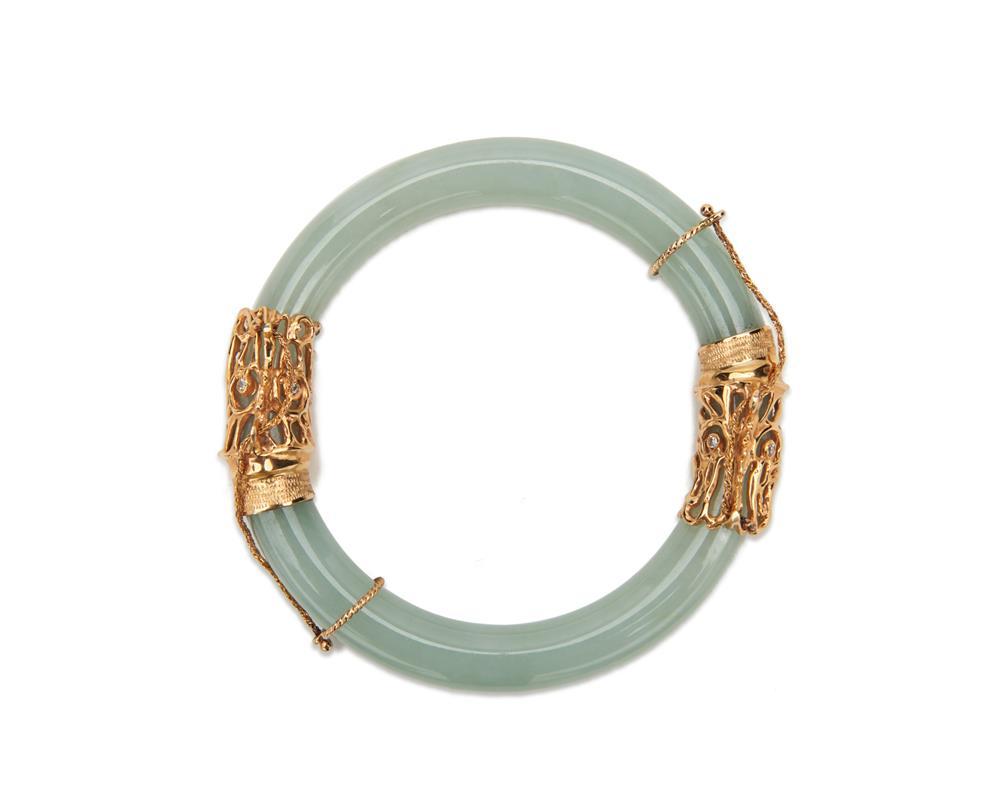 14K GOLD, DIAMOND, AND HARDSTONE BANGLE