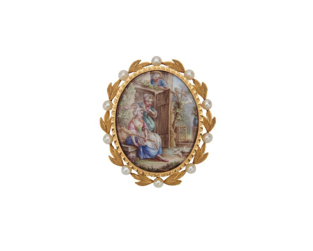 14K GOLD, PEARL, AND HAND-PAINTED BROOCH14K