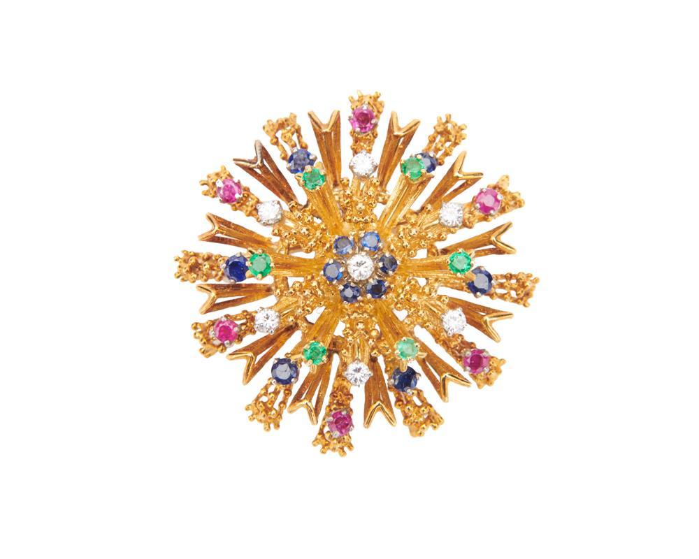 18K GOLD, DIAMOND, AND GEMSET BROOCH18K