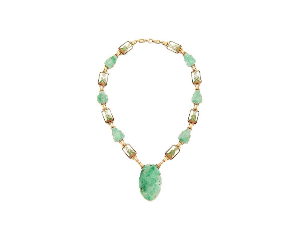 14K GOLD, CARVED JADEITE, AND ENAMEL