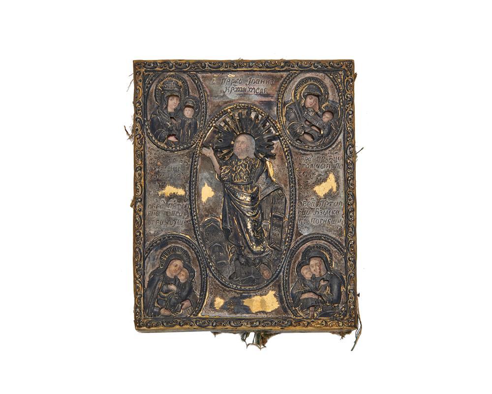 RUSSIAN ICON WITH GILT SILVER RIZA ETCHED