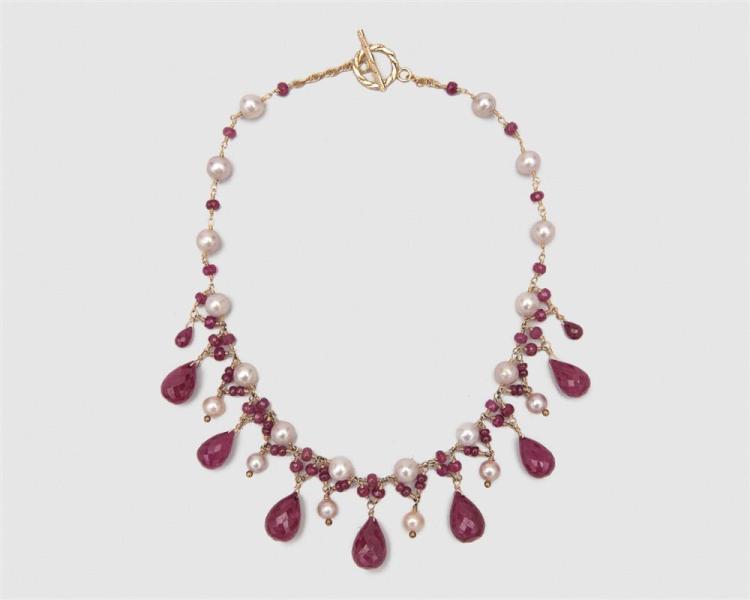 14K GOLD RUBY AND PEARL NECKLACE14K 3680b5