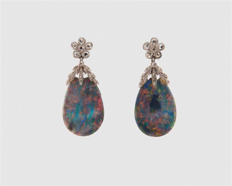 14K WHITE GOLD, BLACK OPAL, AND