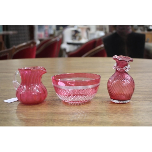 Ruby glass jug, bowl and vase,
