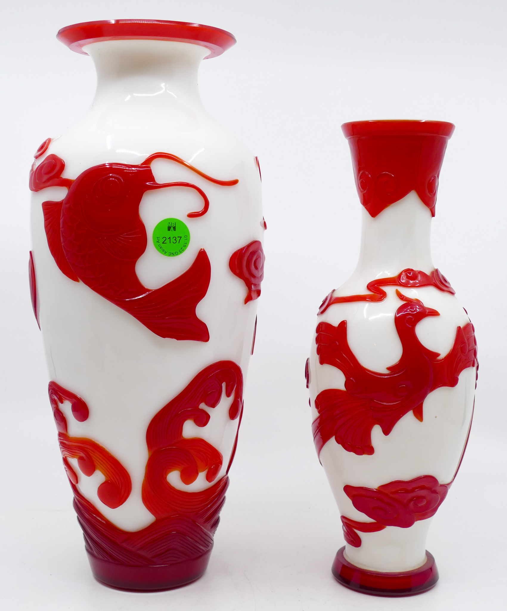 2pc Chinese Carved Red Peking Glass