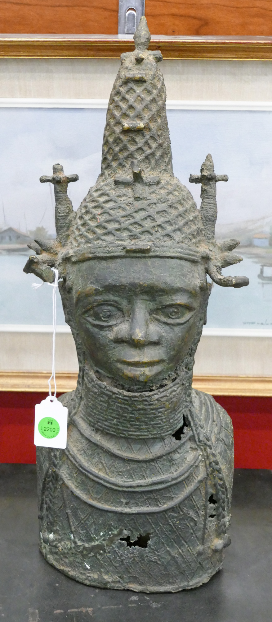 Old African Bronze Oba King Bust 3687ce