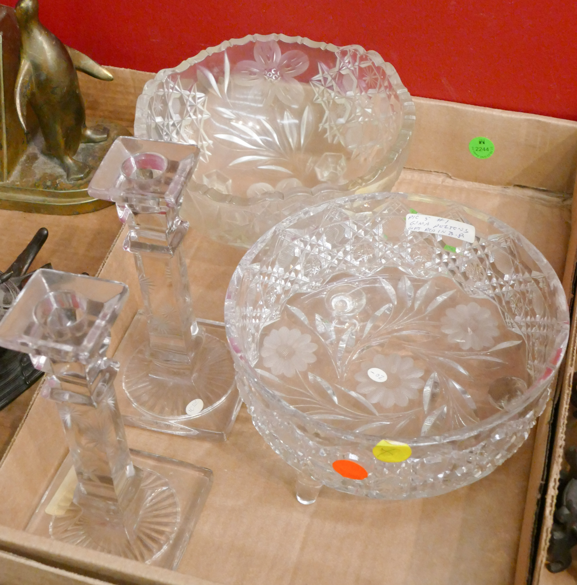 Box Vintage Etched Glass Candlesticks