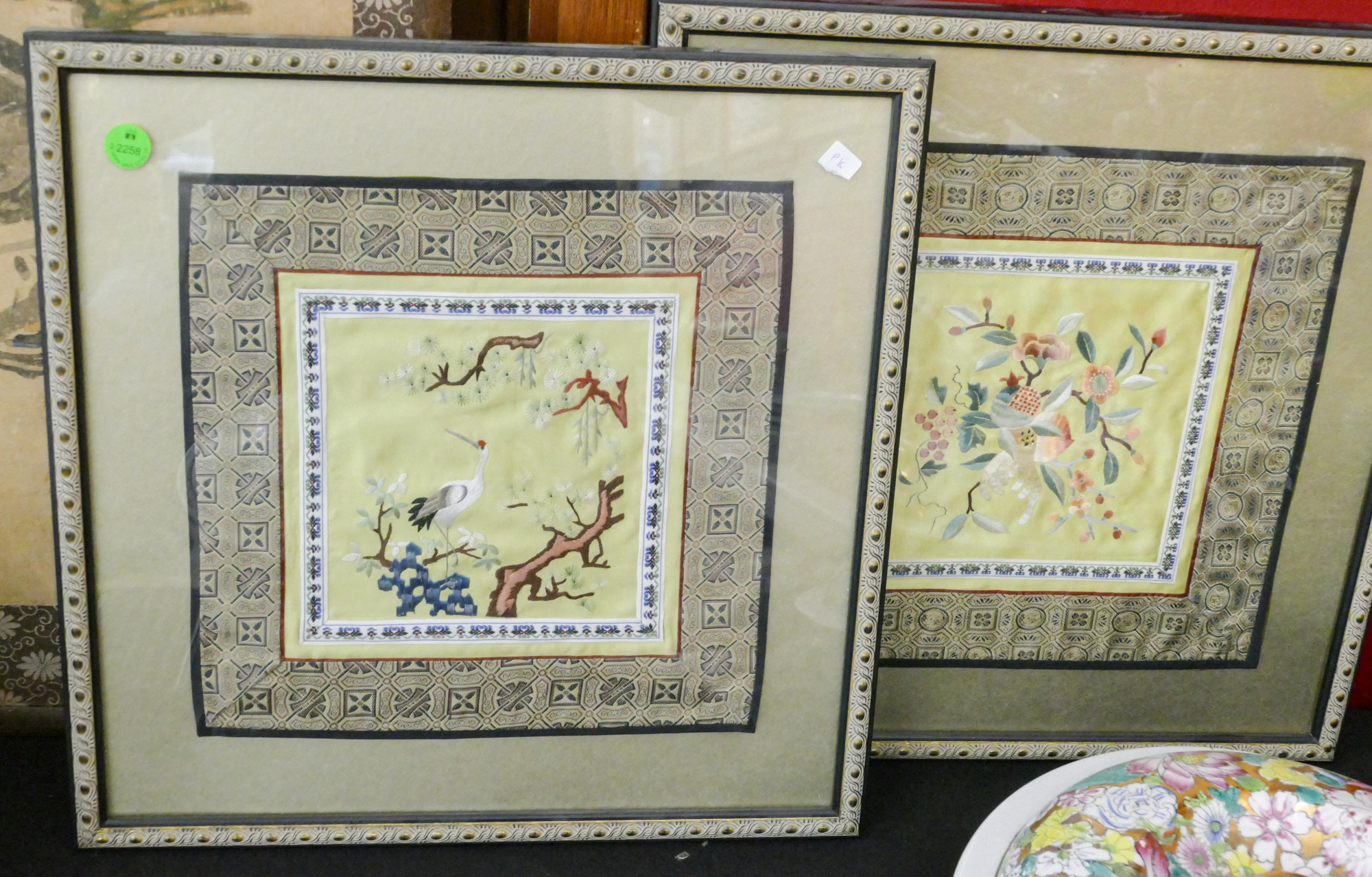 Pair Chinese Silk Embroidered Squares