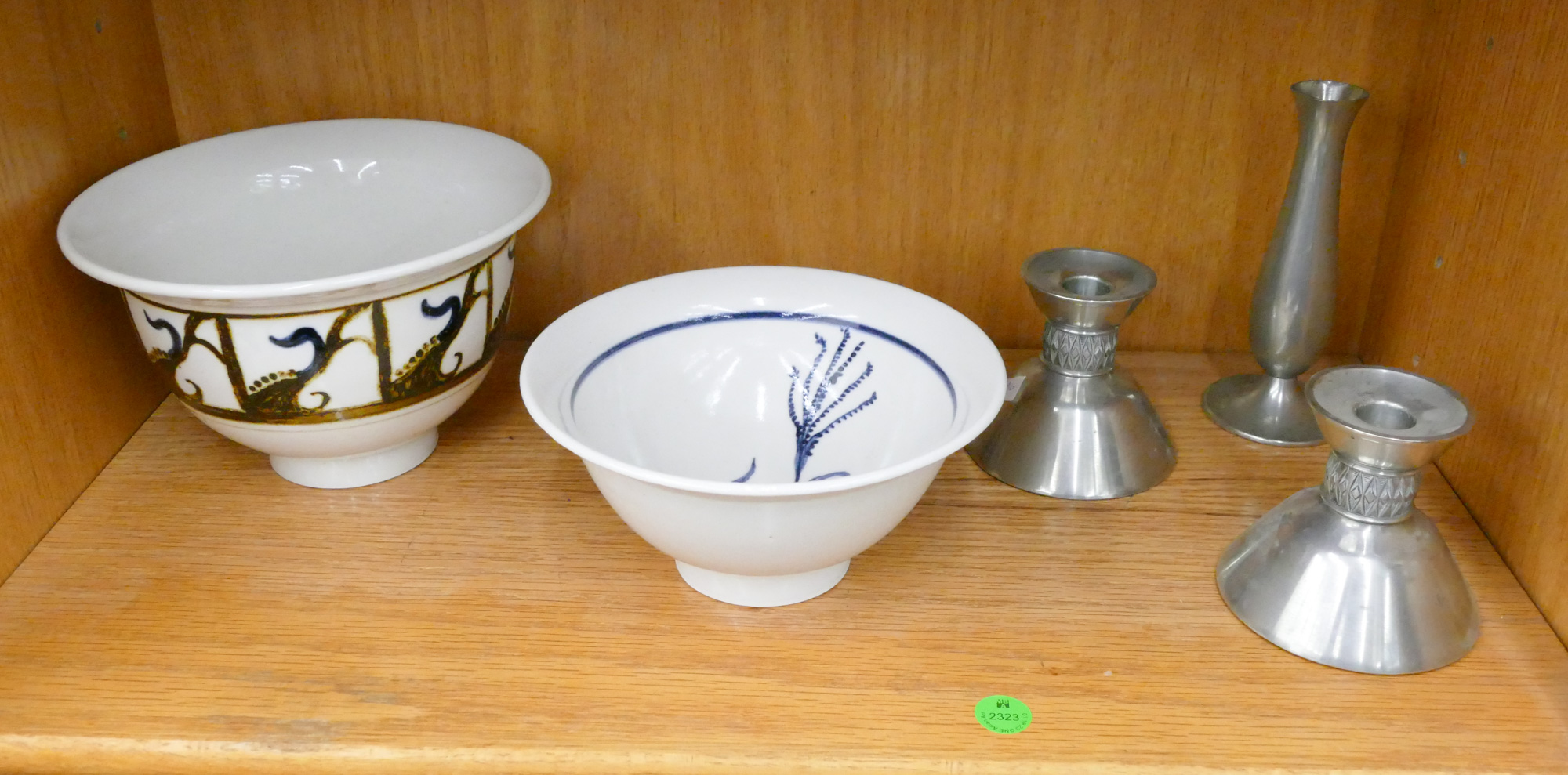 Shelf 5pc Studio Pottery and Pewter