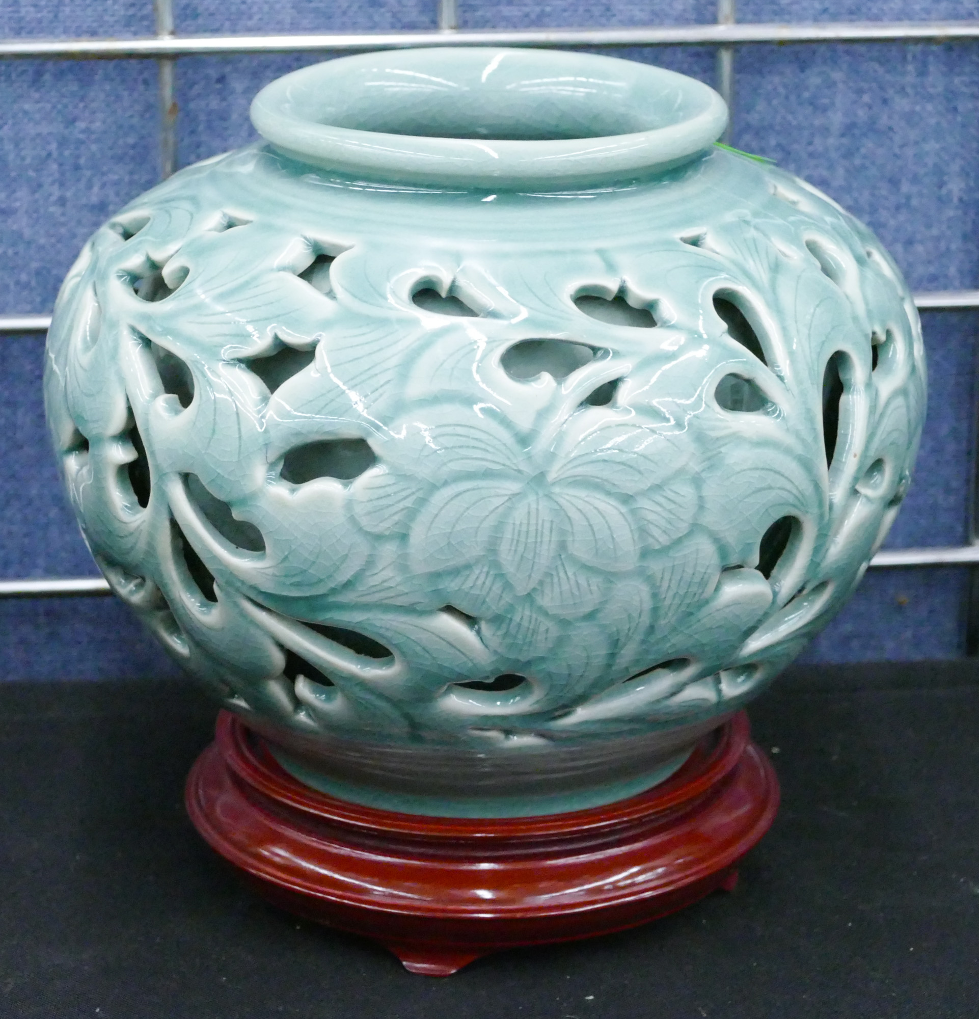 Korean Carved Celadon Jar on Stand 368896