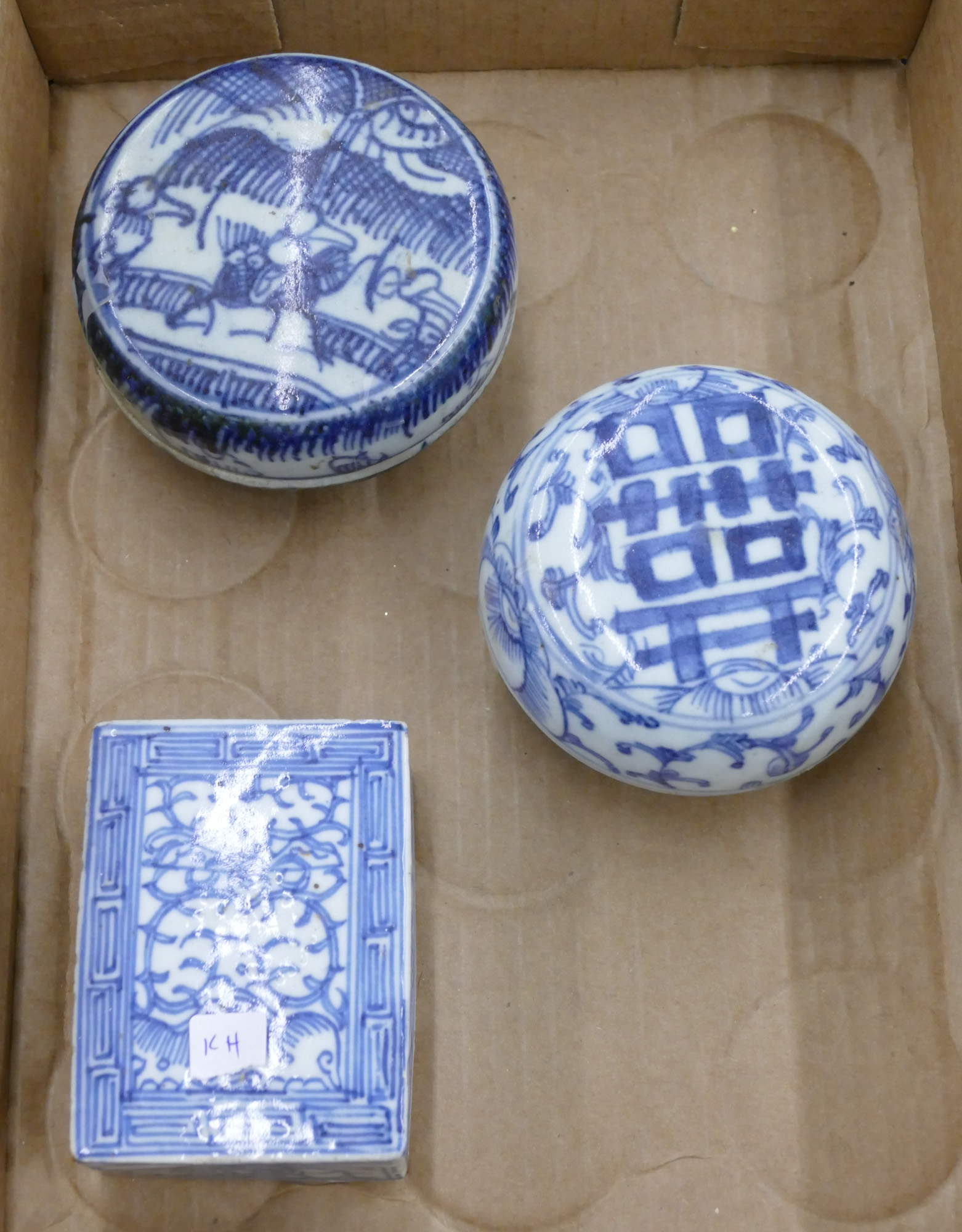 Box 3pc Old Chinese B&W Porcelain