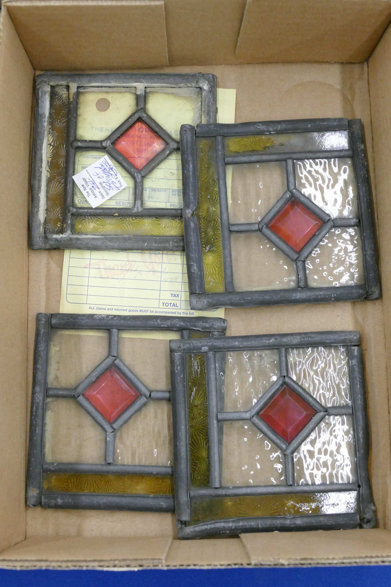 Box 4pc Antique Leaded Glass Mini Windows
