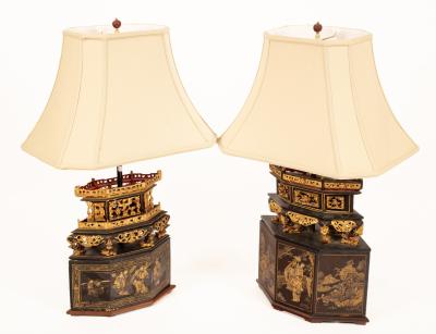 Two Chinese carved and lacquered lamp