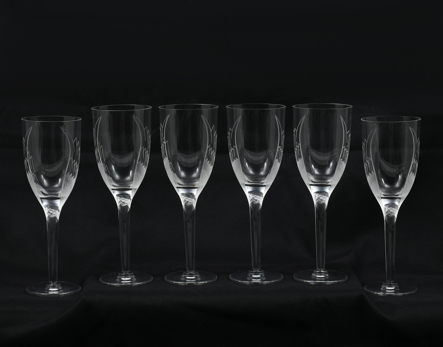 6 LALIQUE ANGEL CHAMPAGNE GLASSES: