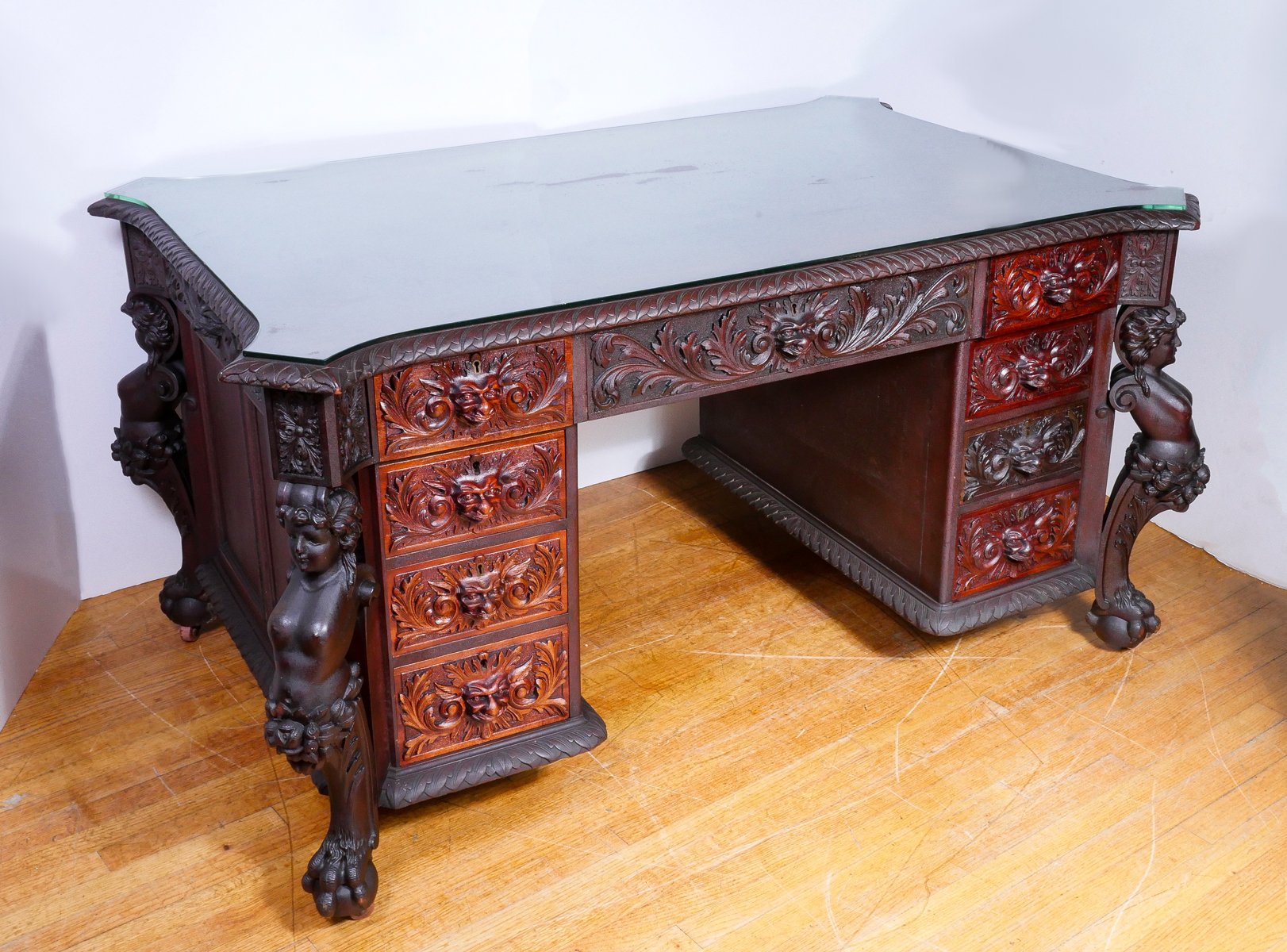 RJ HORNER CARVED MAHOGANY PARTNERS DESK: