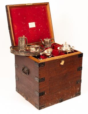 An oak and metal bound silver chest,