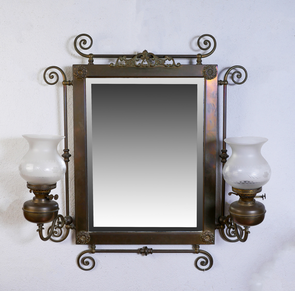 BRASS WALL MIRROR WITH SCONCES: