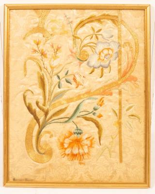 A damask panel embroidered with