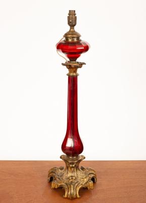 A Victorian table lamp with fourteen sided 36b402