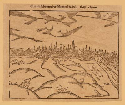 Dutch School, circa 1530/View of Mecheln/woodcut,