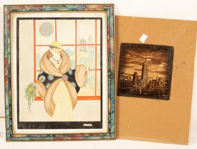 Alexis/Art Deco Lady/standing by a window/signed/watercolour,