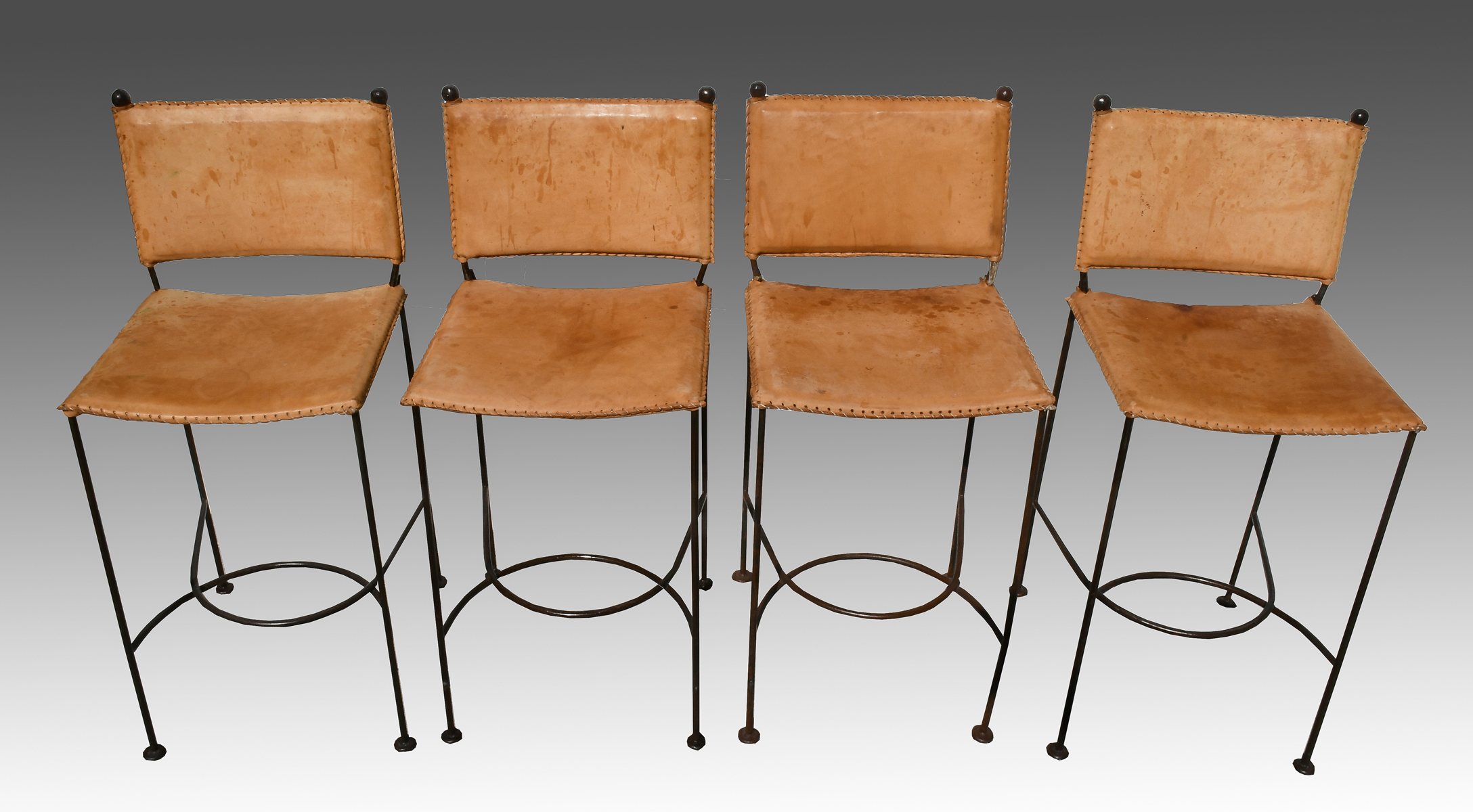 4 LEATHER & IRON STOOLS: 4- Wrought