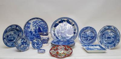 A collection of blue and white printed