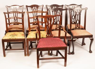 Nine various dining chairs with pierced