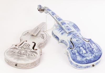 Two French faience models of violins,
