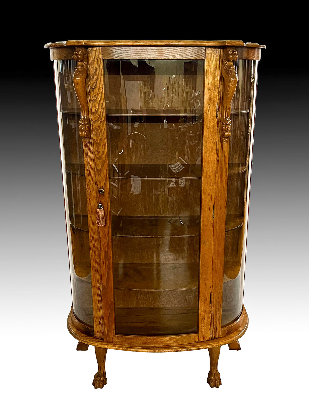 GOLDEN OAK BOWFRONT CURIO DISPLAY 36bb86