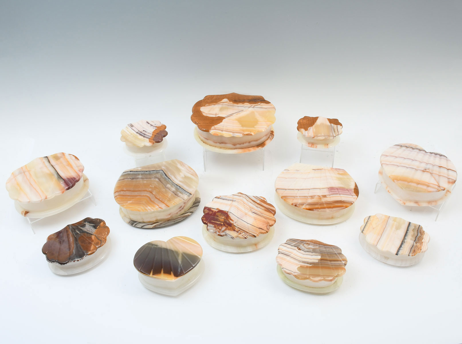 11 HAND CARVED AGATE TRINKET BOXES: