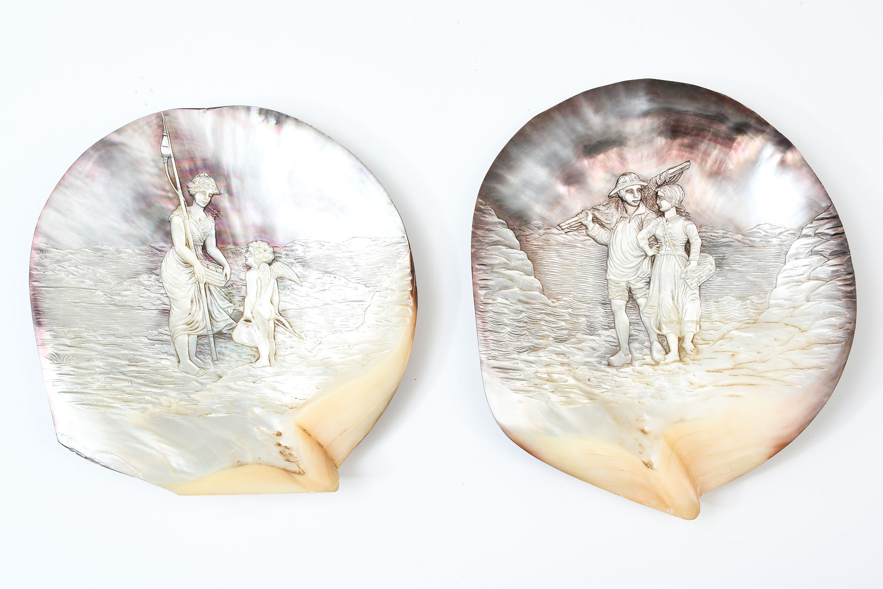 PAIR OF FINELY CARVED ABALONE SHELLS: