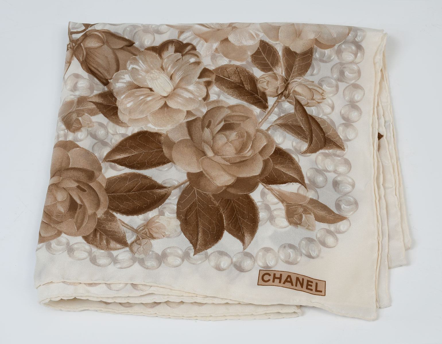 CHANEL SILK CAMELLIA SCARF IN BROWN 36bd71