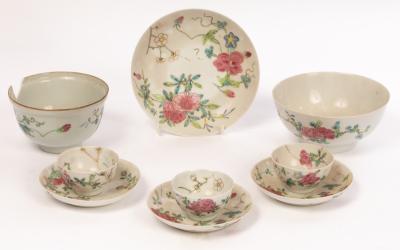 Three famille rose tea bowls and 36bf33