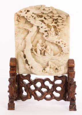 A Chinese carved soapstone table screen,