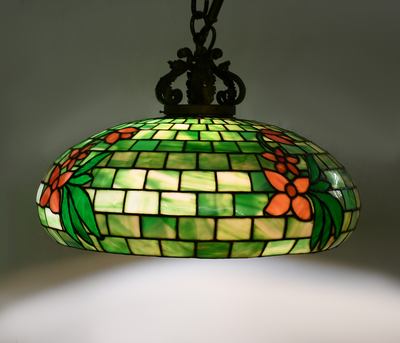 CIRCA 1900S 4 LIGHT STAINED GLASS CHANDELIER: