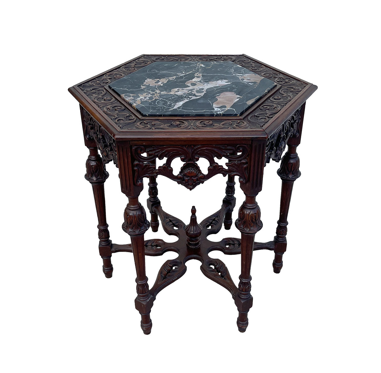 CARVED HEXAGONAL MARBLE TOP TABLE: