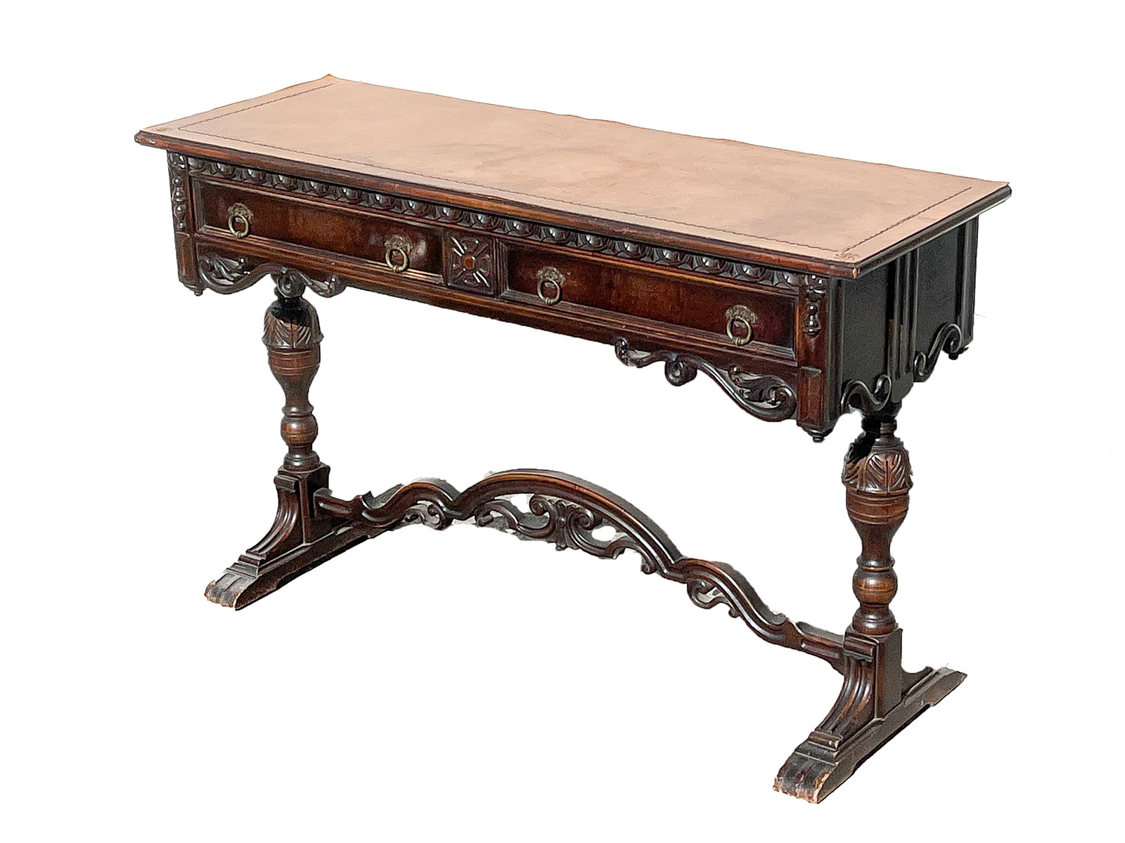 CARVED LEATHER TOP HALL TABLE/DESK: