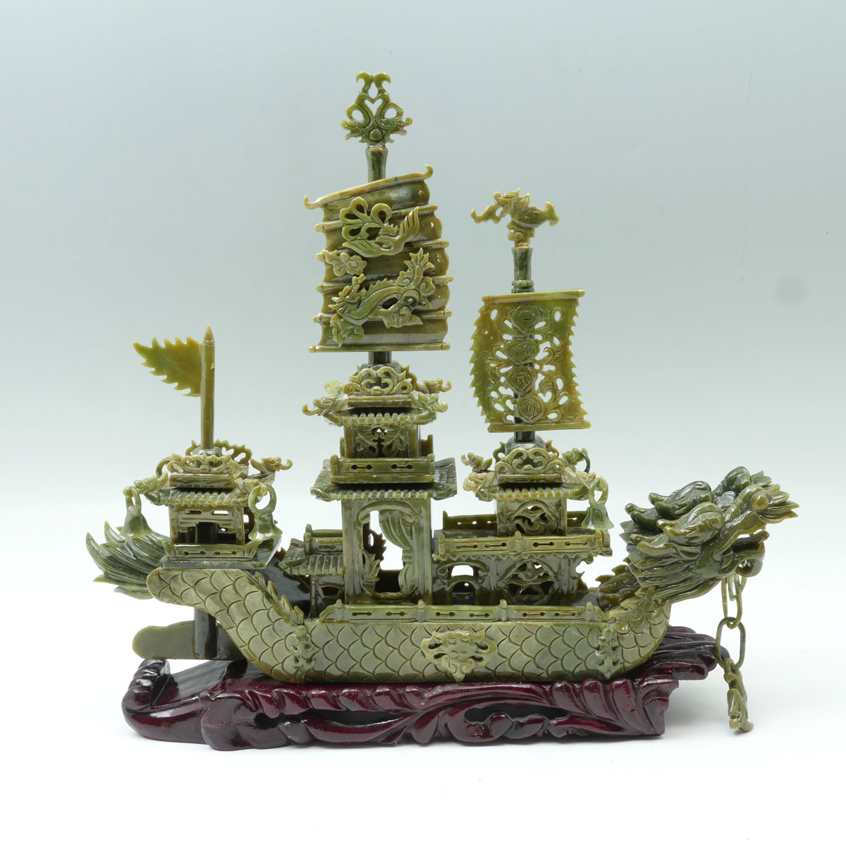 CARVED CHINESE JADE SHIP ON STAND: