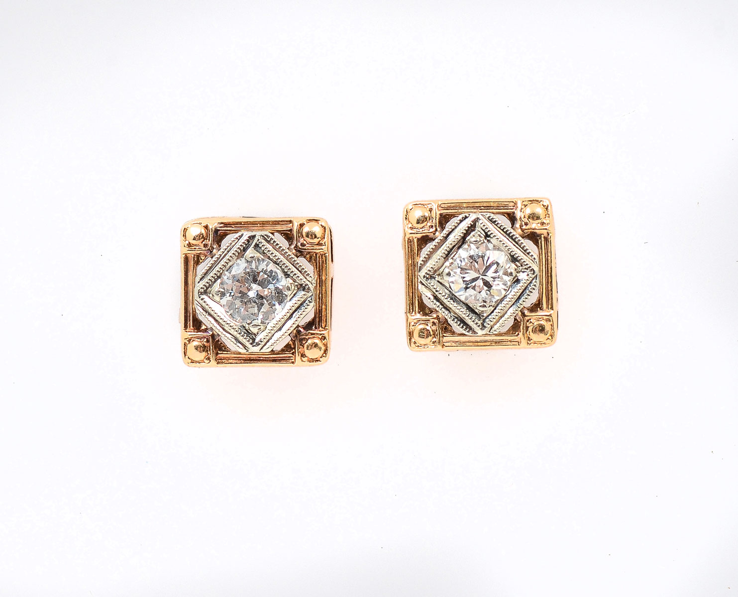 2 TONE 14K ART DECO DIAMOND STUDS: