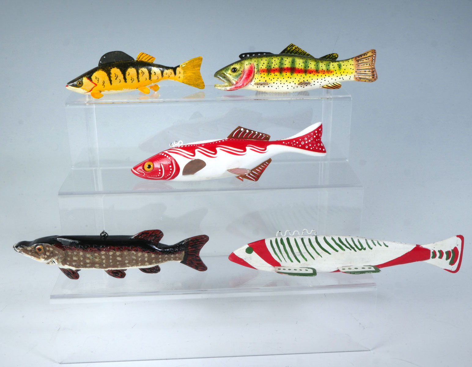 FIVE CARVED AND PAINTED FISH DECOYS  36c3d0