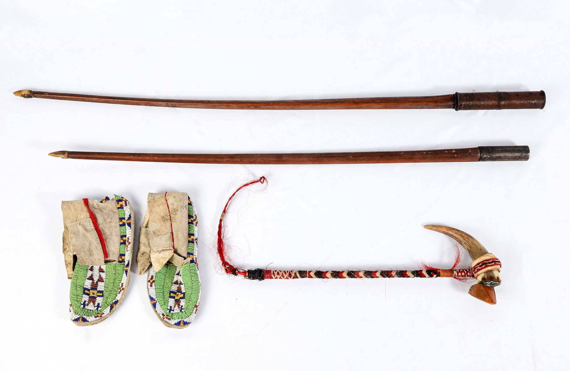 NATIVE AMERICAN INDIAN BOW, MOCCASINS,