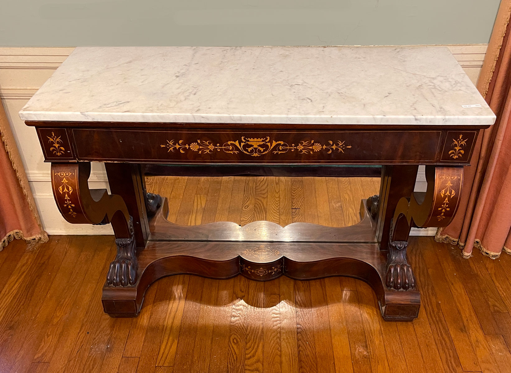 INLAID EMPIRE MARBLE TOP HALL TABLE: