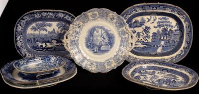 Six English blue and white meat plates,