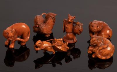 Six Japanese carved boxwood netsuke,