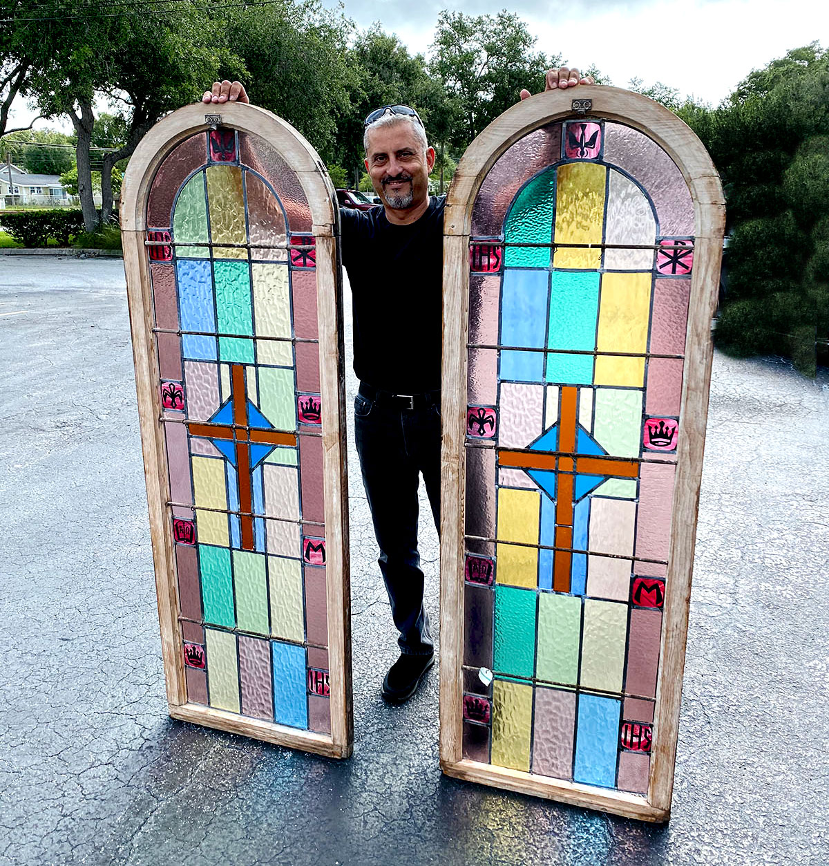 2 LEADED GLASS CHURCH WINDOWS: