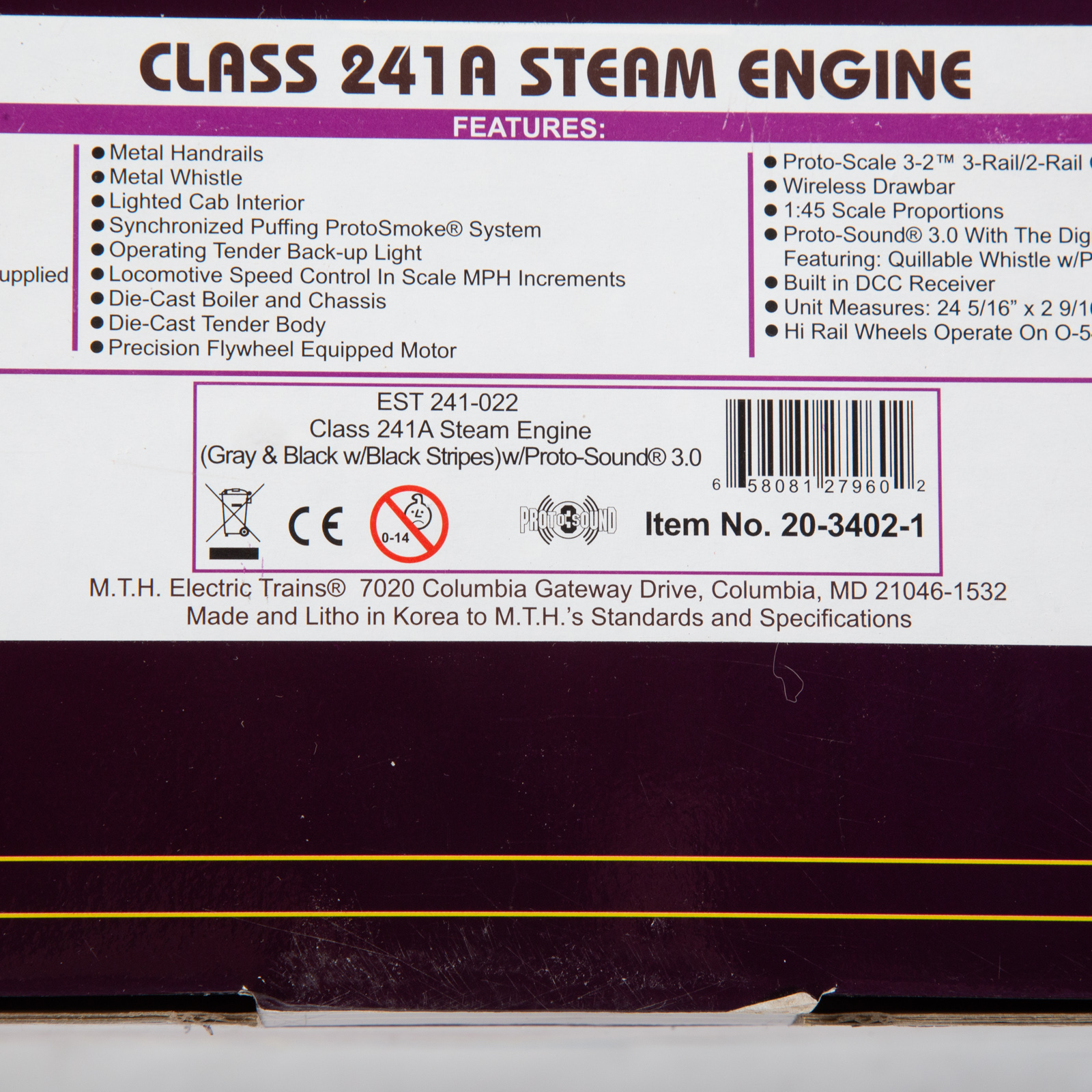 M.T.H. CLASS 241A STEAM ENGINE EST 241-022